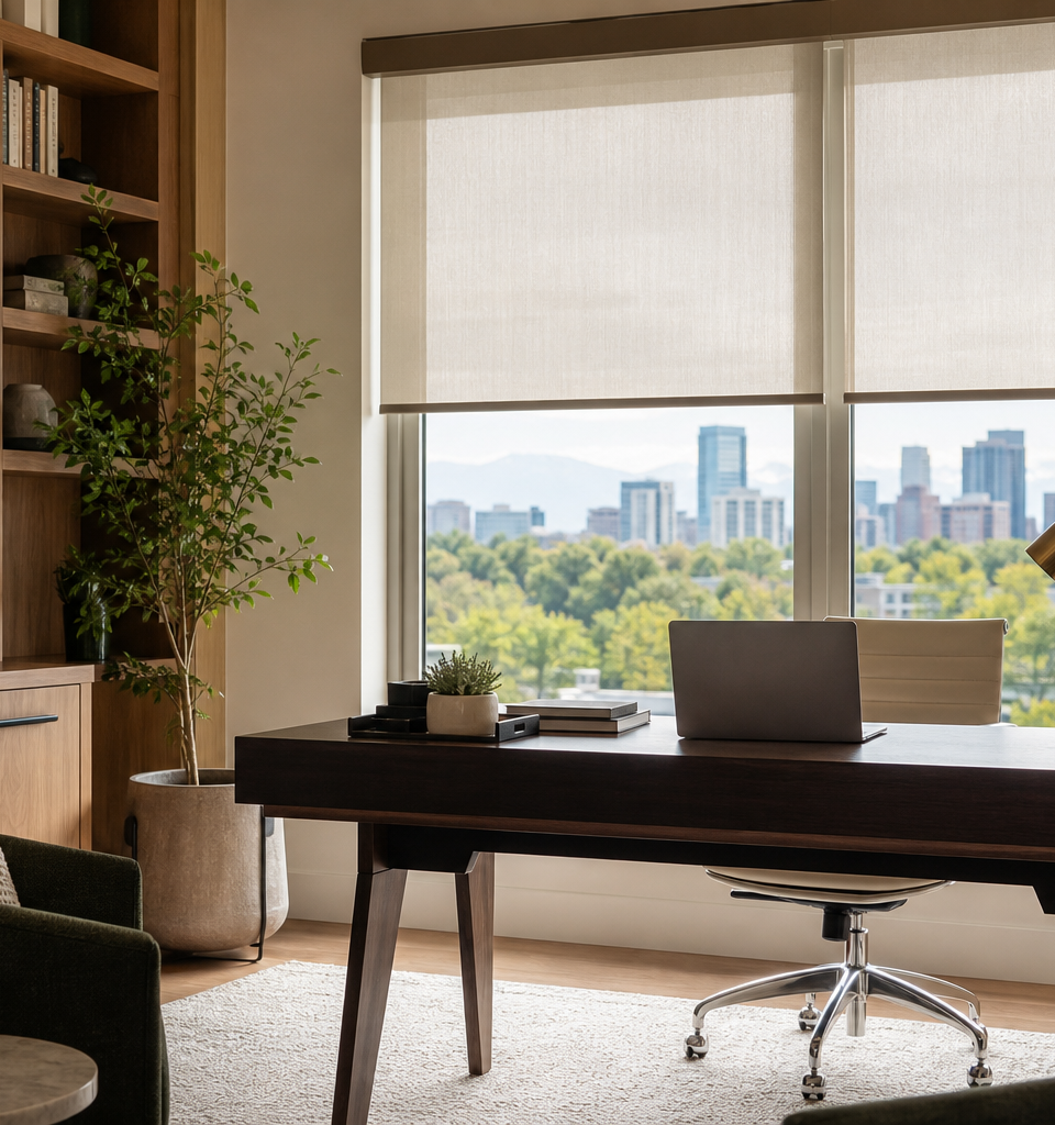 Denver home office with motorized dual roller shades diffusing daylight for video calls