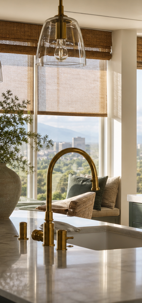 Modern Denver kitchen with custom woven wood and sheer roller shades filtering sunlight