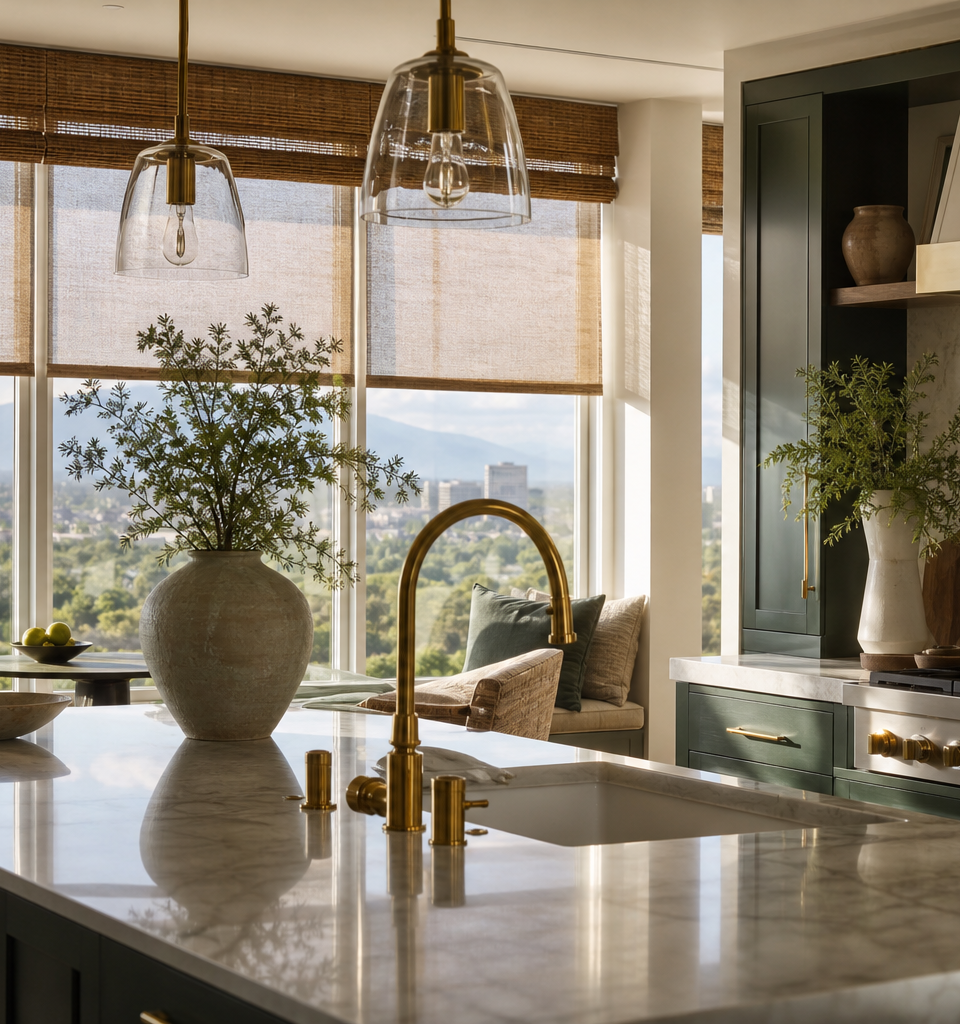 Modern Denver kitchen with custom woven wood and sheer roller shades filtering sunlight