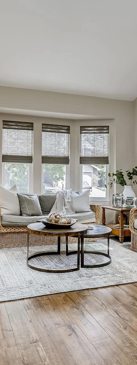 Neutral window shades flank a light filled contemporary living room