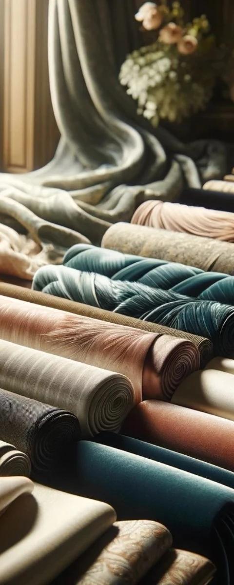 Assorted drapery fabric swatches arranged beside fresh flowers and folded textiles