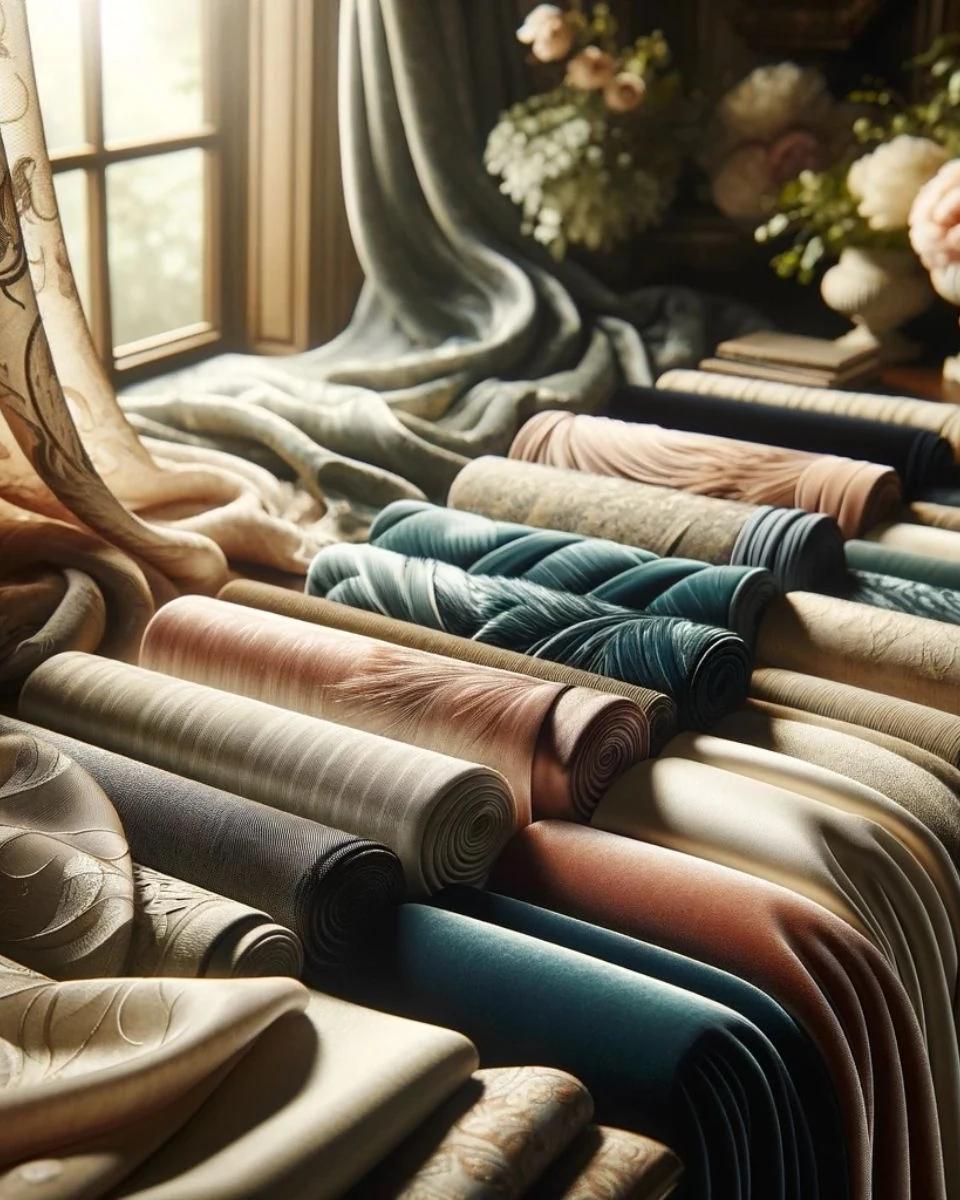 Assorted drapery fabric swatches arranged beside fresh flowers and folded textiles