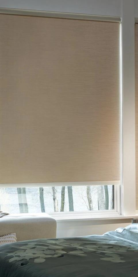 Roller shades partly cover two tall windows beside a bedroom lamp