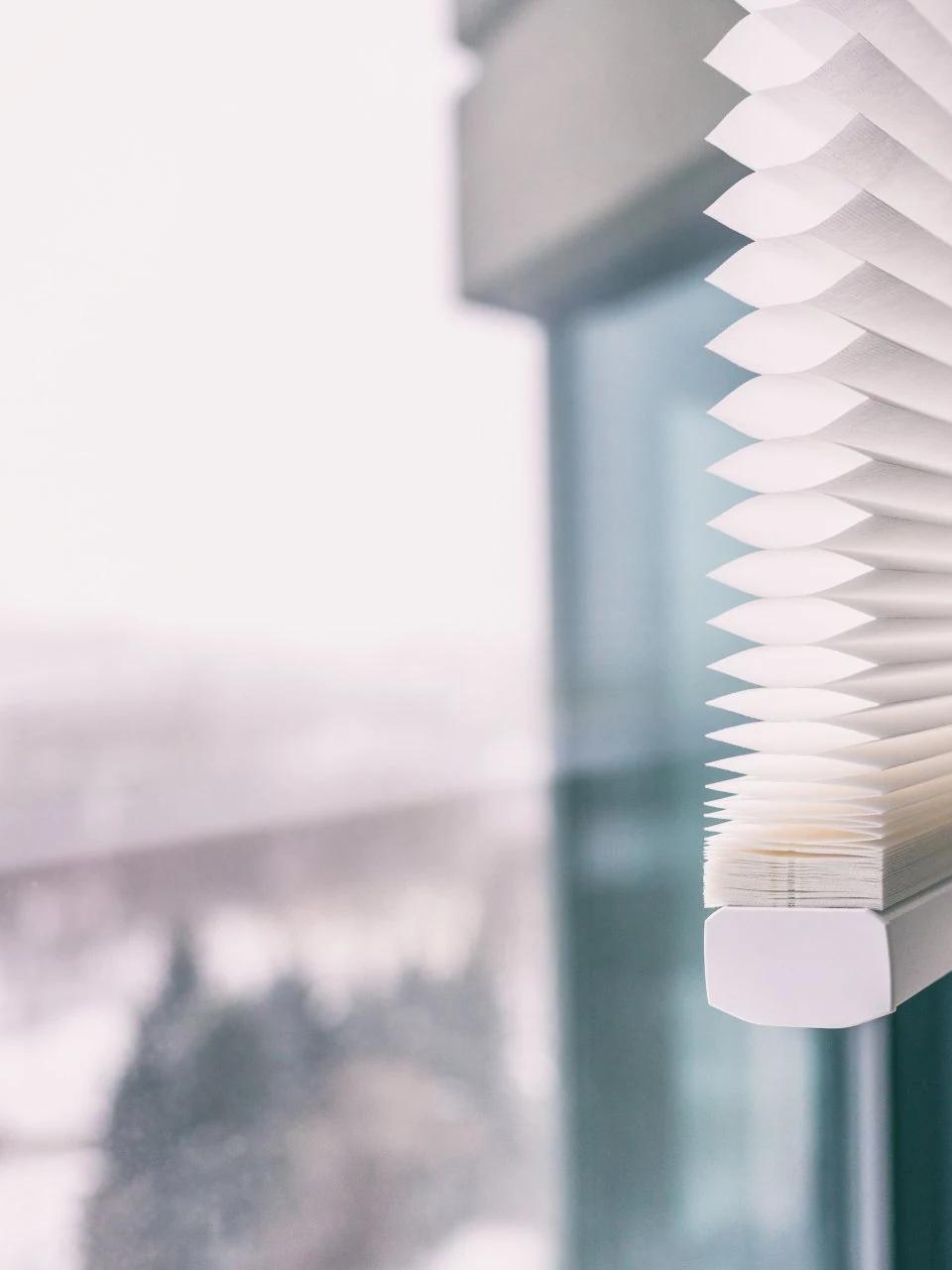 White cellular shade hangs inside a window with blurred mountain scenery