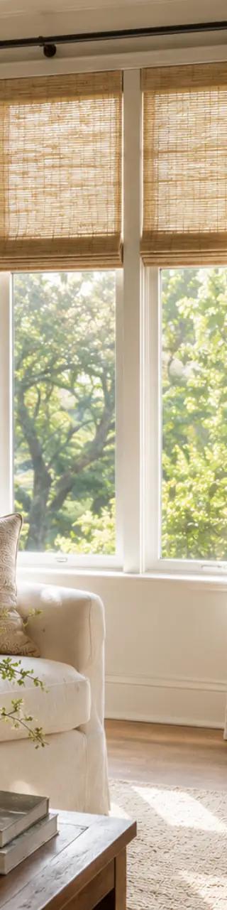 Patterned window shades and drapery frame a sunny living room