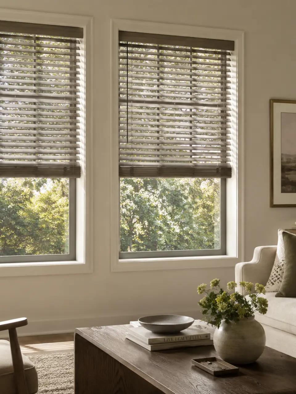 Wood and faux wood blinds displayed beside a softly furnished window